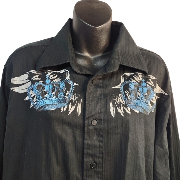 Eighty Eight Men's Black Blue Embellished Button Down Shirt Size L - Picture 3 of 7